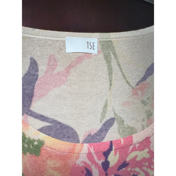VINTAGE TSE PALE BALLET PINK CASHMERE SILK BLEND FLORAL PRINT SWEATER S - Picture 4 of 5